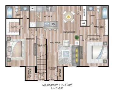 Two Bedroom / Two Bath -1077 Sq.Ft..*